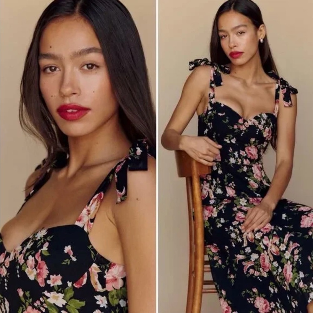 Reformation Black Floral Midi Nadira- Malia Dress - 10 - Picture 2 of 3